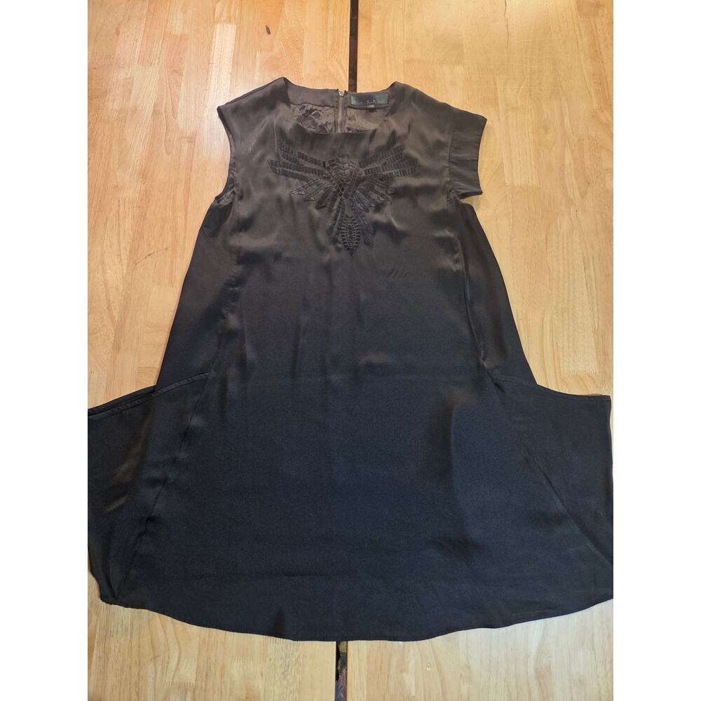 Hong Kong Black Satin Asymmetrical Sleeve Balloon Pocket Knee Length Dress